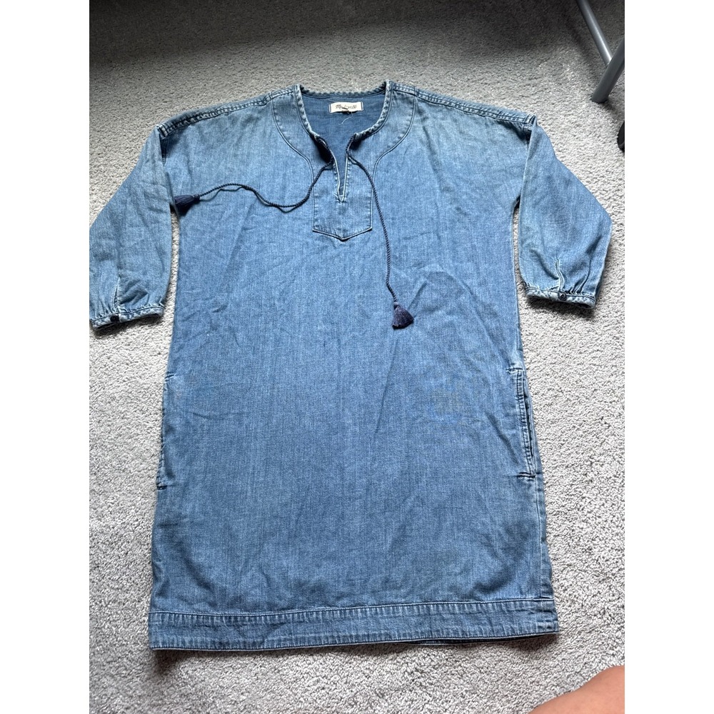 Madewell Women's Shift Dress Denim 1/4 Sleeve Tassel V-Neck Cotton Size XSmall
